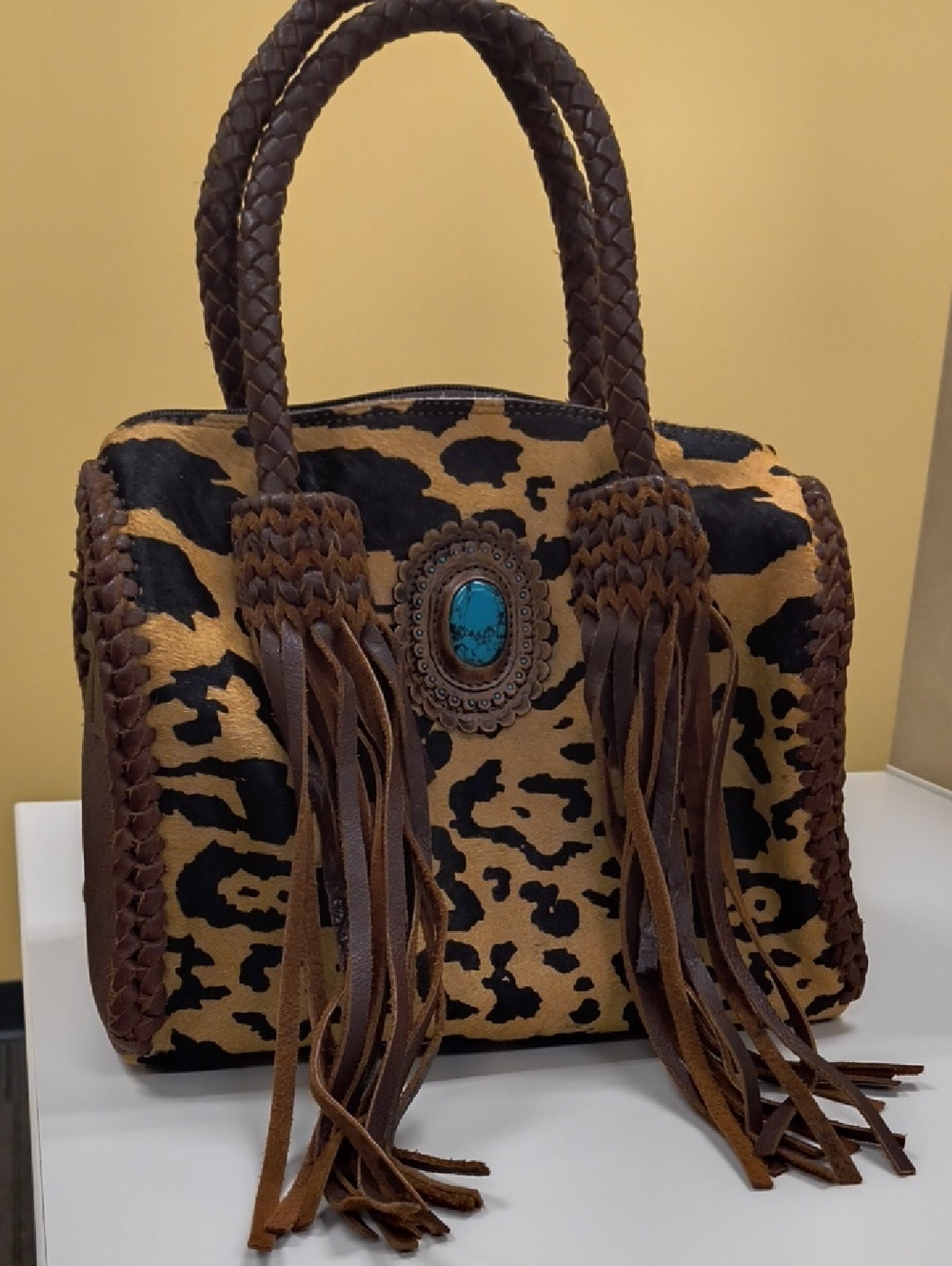 Braided Handle Cowhide Leopard Print Fringe Tote - Brown
